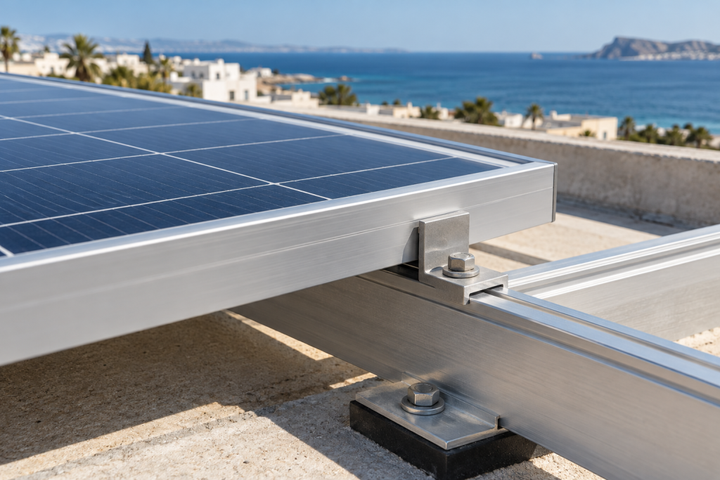 Illustration du cadre et d’une fixation de panneau photovoltaïque en environnement côtier