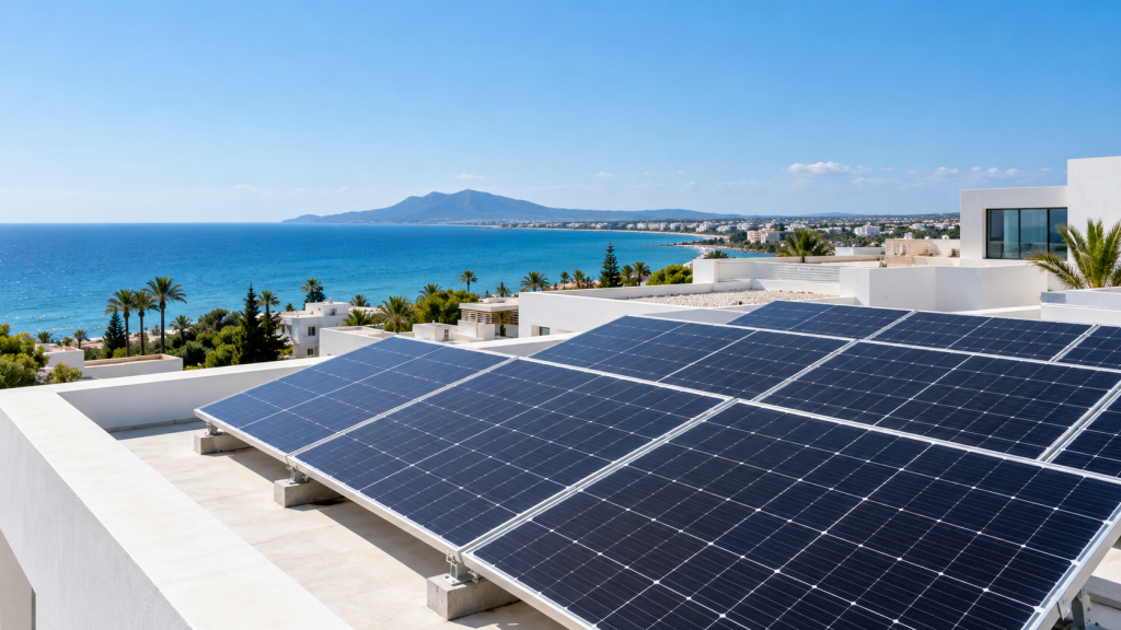 Illustration de panneaux photovoltaïques sur une toiture face au littoral tunisien