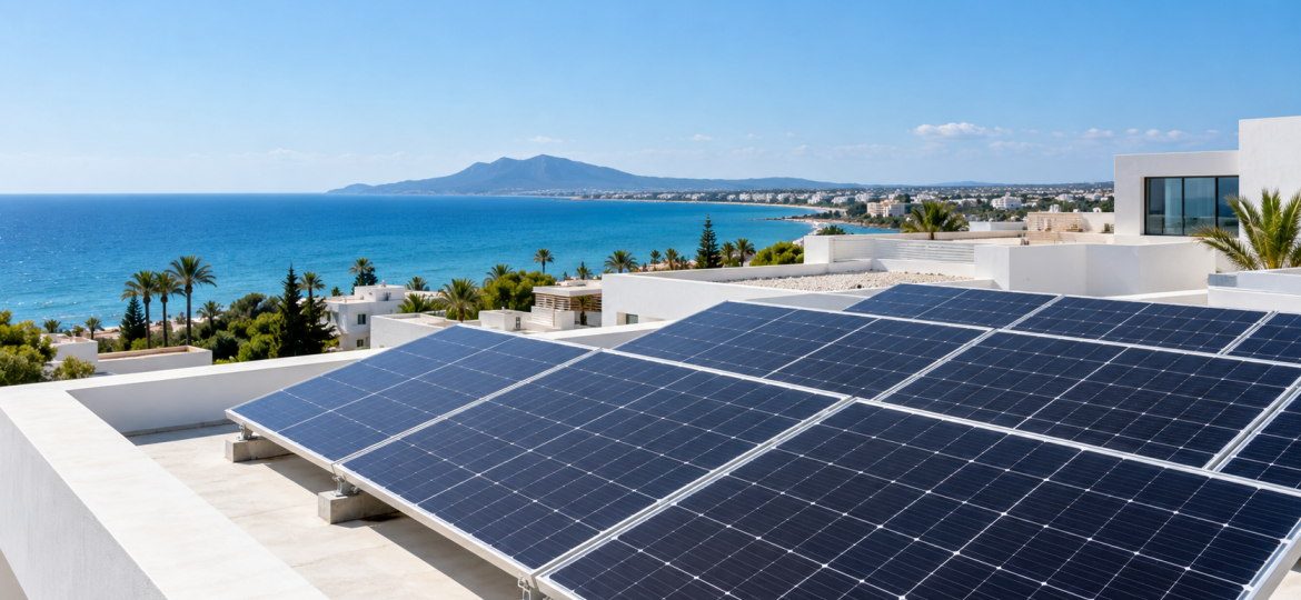 Illustration de panneaux photovoltaïques sur une toiture face au littoral tunisien