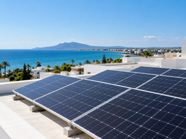 Illustration de panneaux photovoltaïques sur une toiture face au littoral tunisien