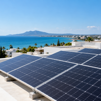 Illustration de panneaux photovoltaïques sur une toiture face au littoral tunisien